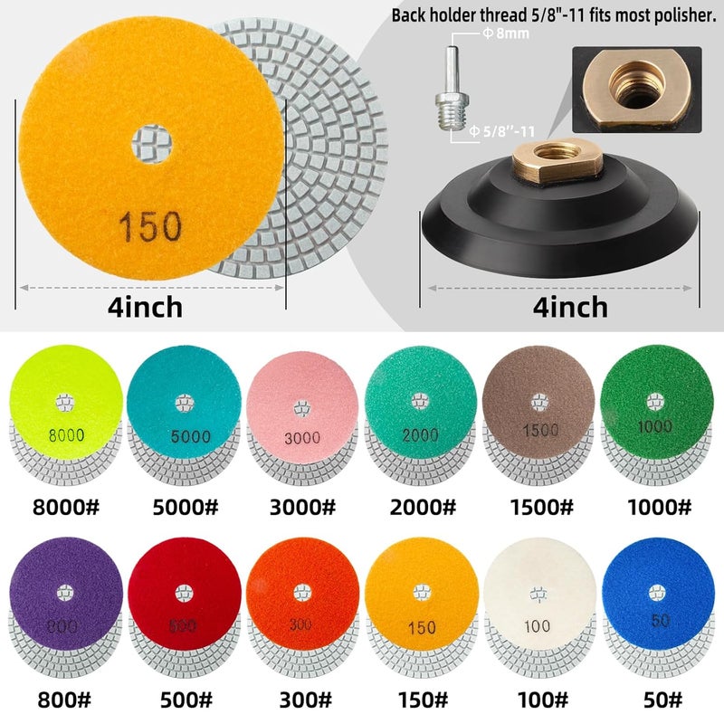 AxPower 13 Packs 4 Inch Diamond Polishing Pads with 5/8’’-11 Backer Pad 12PCS Wet/Dry Polish Pad Kit for Drill Grinder Polisher 50-8000 Grit Pads for Granite Marble Concrete Stone Countertop Quartz Polishing - Image 3
